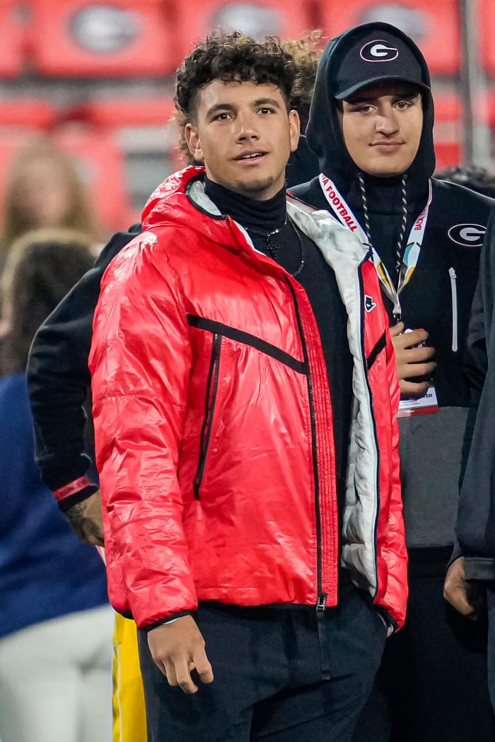 Nov 11, 2023; Athens, Georgia, USA; Buford High School quarterback Dylan Raiola on the sideline prior to the game between the Georgia Bulldogs against the Mississippi Rebels at Sanford Stadium. (Dale Zanine / USA TODAY Sports).